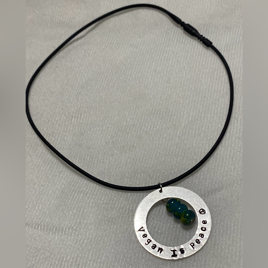 Silver Pendant Necklace With Blue And Green Beads